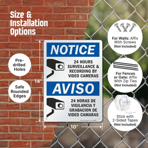 Skip The Drama Outside With Our 24 Hour Video Surveillance Sign 10X14 Inch Durable Aluminum mounting options on a chain link fence.