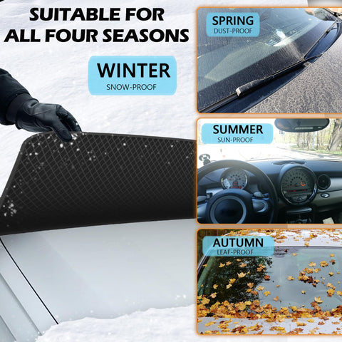 All Season Magnetic Windshield Cover For Ice And Snow, Universal Fit For Cars, SUVs, And Trucks displayed on car during all seasons.