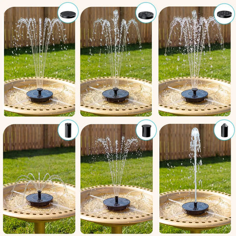 Solar Powered Bird Bath Fountain Pump Upgrade Mini Free Standing Water Pump For Garden Outdoor Pond Fish Tank And Pool Eco Friendly No Battery Needed Breezy Setup in use with different water spray patterns on a bird bath.