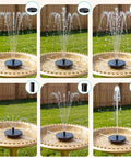 Sun Powered Solar Fountain Pump For Bird Bath Garden Pond Outdoor Patio 2026 Upgrade With High Efficiency Panel Starts In 3 Seconds 6 Nozzles And 4 Fixed Rods No Electricity Or Batteries Needed Attract Birds Butterflies And Backyard Life No Fuss Setup showing different spray patterns