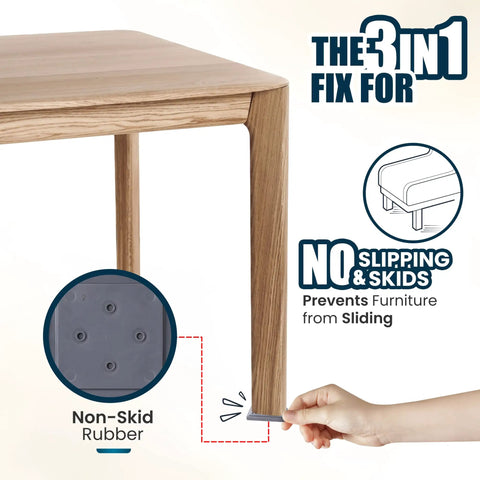 No More Drifting Or Bouncing Heavy Duty Furniture Leveler Pads Fix Wobbly Tables And Chairs Featuring Grippy Rubber under chair leg.