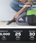 Person using Cordless 40V 3 Gallon Wet Dry Shop Vacuum With Extras, 450W Suck Power, 67 CFM Air Flow, on garage floor