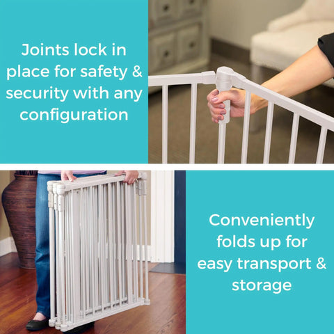 Two Panel Extension For A 3 In 1 Metal Superyard Adds Up To 48 Inches Of Extra Wide Safe Space displayed folding for storage