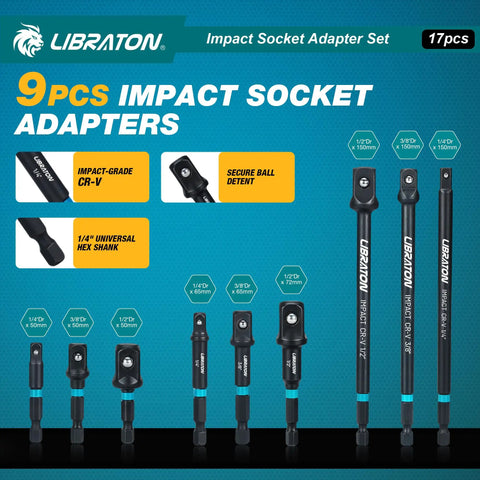 All In One 17 Piece Impact Socket Adapter Set For One Quarter Inch, Three Eighths Inch, And One Half Inch Square Drive With Quick Release Bit Holders And 360 Degree Swivel Adapters Pro Grade Heavy Duty Drill Accessory Kit, 17-piece adapters