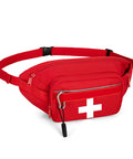Rugged First Aid Fanny Pack With MOLLE System Lifeguard Emergency Medical Waist Bag For Hiking Camping And Work Includes Whistle D Ring Front Patch Panel Red