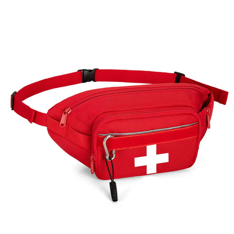 Rugged First Aid Fanny Pack With MOLLE System Lifeguard Emergency Medical Waist Bag For Hiking Camping And Work Includes Whistle D Ring Front Patch Panel Red