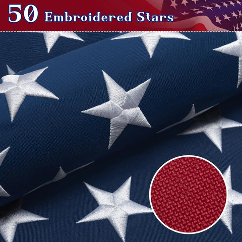 Close-up of Tough As Nails 3x5 Ft Outdoor US Flag with Embroidered Stars, tearproof polyester, heavy duty sewn stripes visible