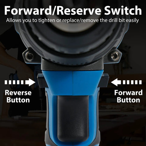 Close-up of cordless drill set with brushless motor 20V max drill driver kit showing forward and reverse switch.
