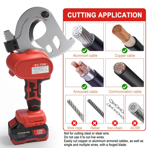 Kickass 21V Cordless Electric Cable Cutter Features Slick Ratcheting Drive For Heavy Duty Battery Power And Smooth Fast Cuts Through Thick Wiring On Job Sites Cutting aluminum and copper cables, featuring a forged blade.