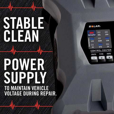All In One Fully Automatic 20 Amp Smart Charger For 6V And 12V Batteries Battery Maintainer with control panel close-up