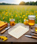 White Plastic Queen Marker Cage Clip Beekeeping Tool for Easy Queen Capture and Marking next to honey and tools on a wooden table