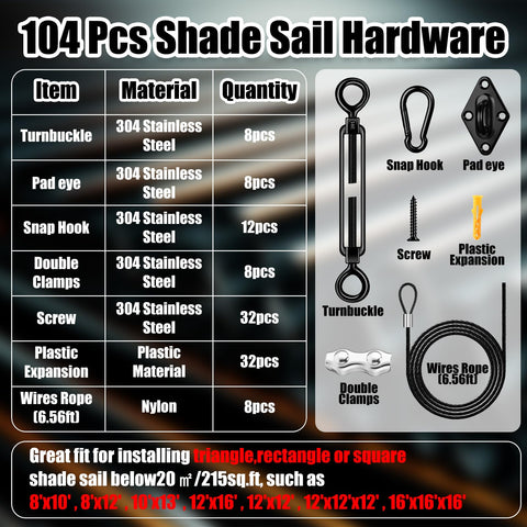 Shade Sail Hardware Kit 304 Stainless Steel All In One Installation Set for Triangle and Rectangle Outdoor Sun Shade