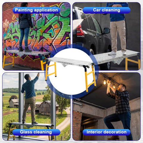 Portable work platform used for painting, car cleaning, glass cleaning, and interior decoration showcasing various applications.