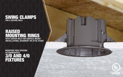 Southwire MSBST250 fixture and ceiling electrical box, gray plastic with shark-tooth mounting, installed