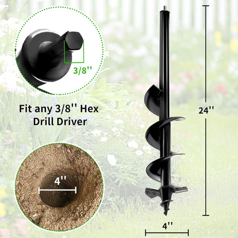 Heavy Duty Garden Auger Drill Bit Shredding Rocky Clay Dirt Like Hot Butter, 24 inch length, fits 3/8 inch hex drill driver.