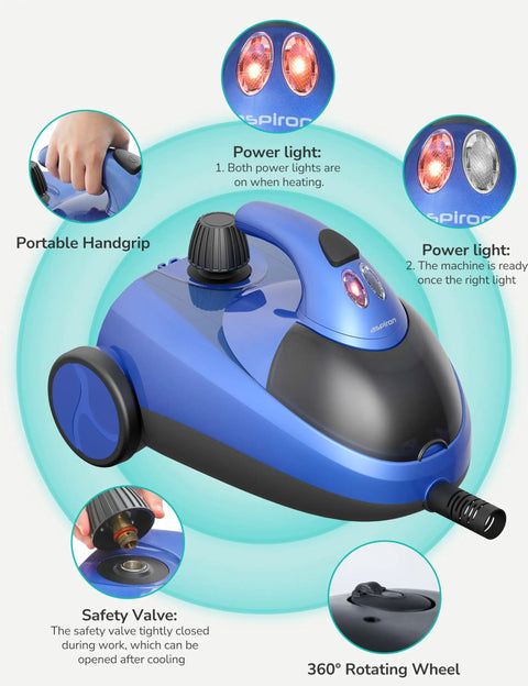 Heavy Duty Steam Cleaner With 21 Attachments, 293 Fahrenheit Steam Mop For Home And Car, 50 Oz Tank featuring handgrip and power lights.