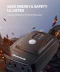 Close-up of weatherproof outdoor timer outlet with 100 ft remote control, UL listed, features dual grounded outlets.