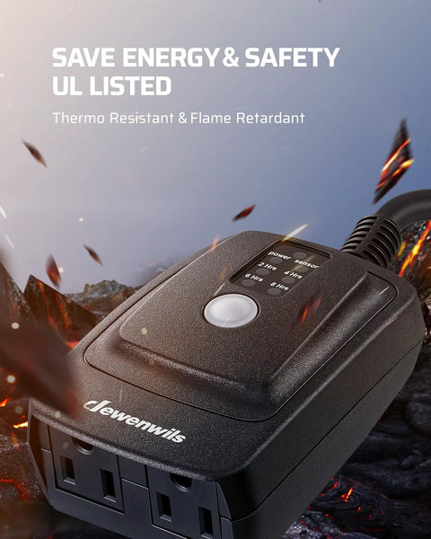 Close-up of weatherproof outdoor timer outlet with 100 ft remote control, UL listed, features dual grounded outlets.