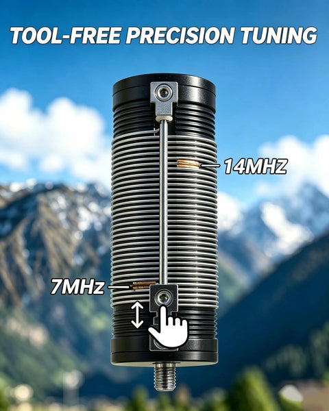 Close-up of tuning coil for Multiband HF Antenna for Ham Radio 7 to 50 MHz Eight Band Vertical Antenna With Low SWR Under 1.1.