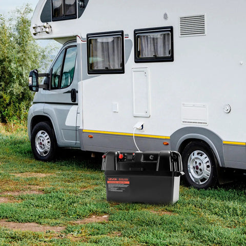Hella Tough Group 24 27 Battery Box With Badass Double Strap Lockdown For 12V 24V Agm Lithium near RV on green grass.