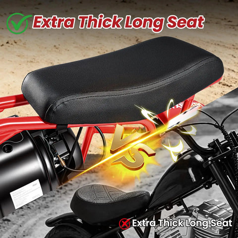 Close-up of extra thick seat on 40Cc Gas Powered Mini Dirt Bike For Kids 8 14 With Automatic Transmission And Pull Start Off Road Pocket Motorcycle