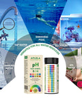 All In One pH Test Strips Kit 0-14 With 150 Strips for water, pool, aquarium, spa testing shown with usage examples.