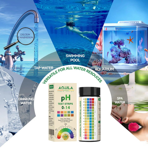 All In One pH Test Strips Kit 0-14 With 150 Strips for water, pool, aquarium, spa testing shown with usage examples.
