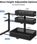 No Sweat Slick 3 Tier Under Sink Organizer Height Adjustable Metal Pull Out Cabinet Shelf dimensions with mesh baskets for storage.