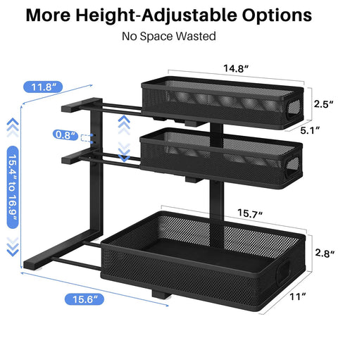 No Sweat Slick 3 Tier Under Sink Organizer Height Adjustable Metal Pull Out Cabinet Shelf dimensions with mesh baskets for storage.