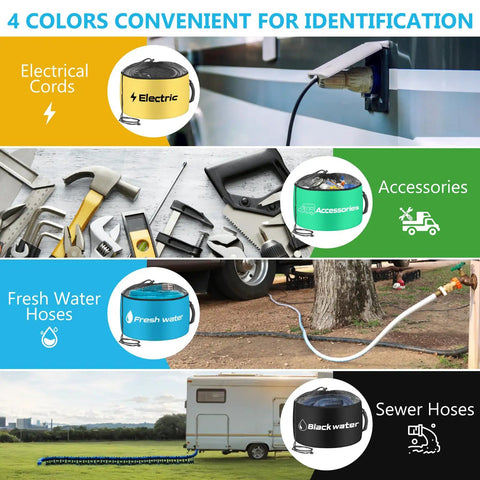 Image showing Color Coded RV Storage Bags Set Of 4 Waterproof Hose And Accessory Organizer Pouches for electrical cords, accessories, fresh water, and sewer hoses, displayed color-coded for identification.