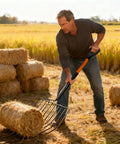 Man using Built Tough Pitch Fork With 10 Tines And Non Slip Handle For Mulching And Garden Cleanup 45 Inch Curved Head Garden Fork Made From High Carbon Steel For Tough Yard Work And Easy Debris Removal In Gardens And Mulch Beds in a hay field.