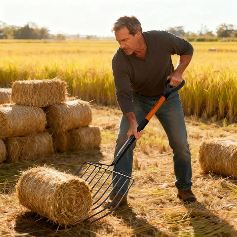 Man using Built Tough Pitch Fork With 10 Tines And Non Slip Handle For Mulching And Garden Cleanup 45 Inch Curved Head Garden Fork Made From High Carbon Steel For Tough Yard Work And Easy Debris Removal In Gardens And Mulch Beds in a hay field.