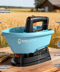 Handheld Electric Seed Spreader For Lawns Cordless 3L Capacity With 7.2V Battery showing hopper and adjustment knobs on table
