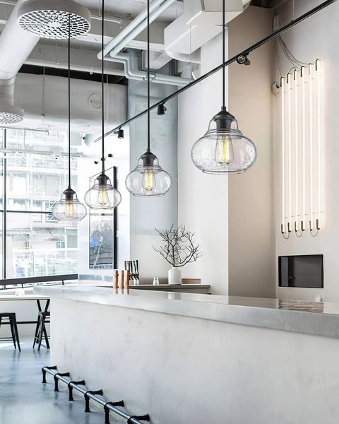 8 Inch Globe Pendant Light With Hand Blown Bubble Glass And Seeded Glass Details, Industrial Farmhouse Style Ceiling Fixture