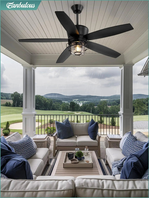 52 Inch Outdoor Ceiling Fan With Lights And Remote For Porch Patio And Gazebo, IP65 waterproof, installed in outdoor seating area