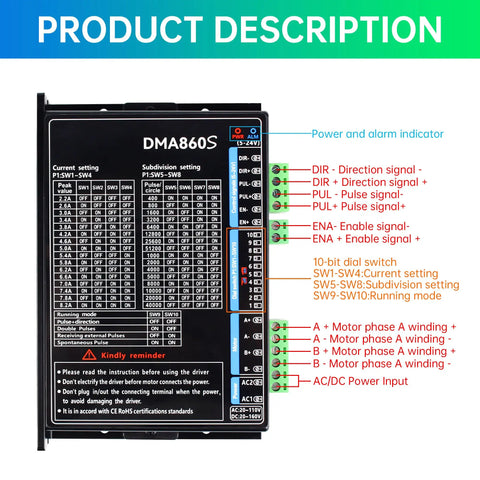 Front view of DMA860S Beast Mode 2 Phase Stepper Motor Driver for CNC Machines with control settings and ports visible.