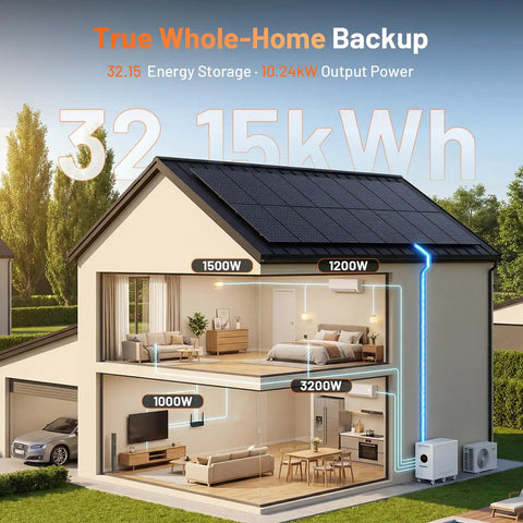 No Sweat 48V 628Ah LiFePO4 Lithium Battery With Active Balancing Bluetooth App Control Runs Home Solar Backup Steady featuring a home energy diagram with solar panels and appliances.