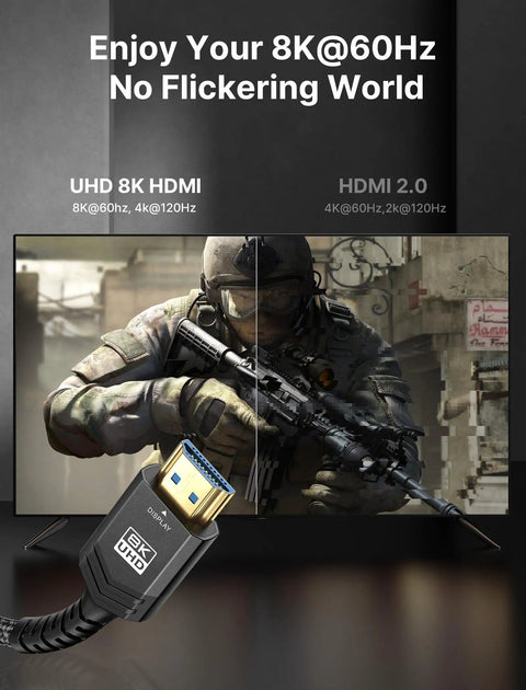 Totally Badass Fiber Optic HDMI Cable 33 Feet 8K 48Gbps shown connecting UHD 8K display for gaming without flickering.