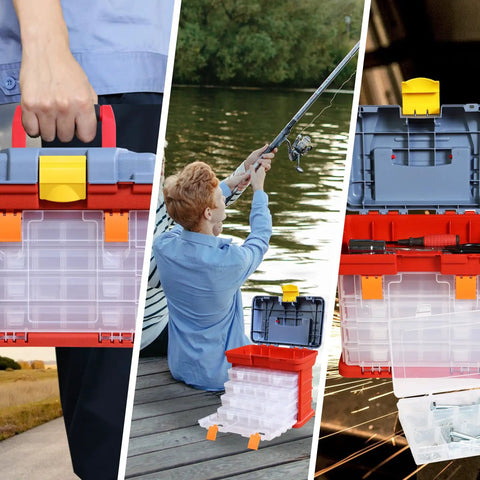 Various views of Tackle Box Organizer With Four Drawers And Nineteen Compartments For Hardware Fishing Tackle Beads And More Red Portable Storage Tool Box With Removable Clear Bins And A Handy Carry Handle Built For Everyday Use, including being carried and used outdoors.