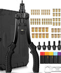 Heavy Duty Rivet Nut Gun Tool Kit With 40% Less Effort And Dual Leverage Design For Fastener Installation Includes Carbon Steel Arms Non Slip Handles plus Eighty Piece Set Of Metric And Sae Mandrels Plus Storage Case. with case, mandrels, and rivet nuts