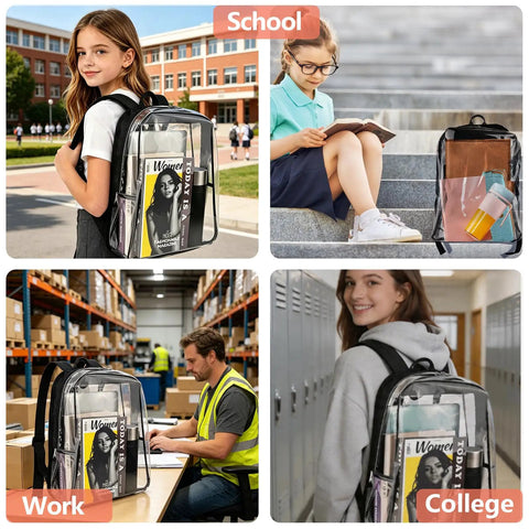 See Through Clear Backpack 16 Inch Large Capacity Bookbag for school and work, transparent design with books visible inside