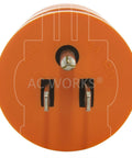 Rock Solid Generator Adapter Featuring Straight Up Reliable Nema 5-15P To L14 20R Four Prong Locking Connector close-up view of orange male plug