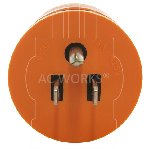 Rock Solid Generator Adapter Featuring Straight Up Reliable Nema 5-15P To L14 20R Four Prong Locking Connector close-up view of orange male plug
