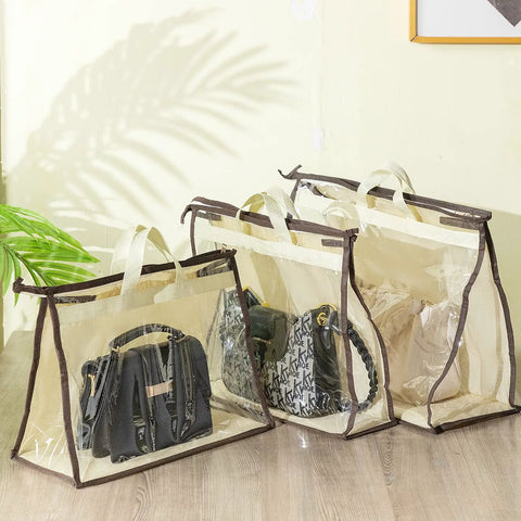 Clear Handbag Storage Organizer Kit With 16 S Hooks in 4 Sizes, featuring three transparent bags holding purses on a wooden floor.