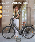 Adult Electric Bike For Daily City Hops, 26 Inch Step-Through Ebike With 350W Brushless Motor, 750W Peak Power, Top Speed Up To 20 MPH, 30-50 Mile Range, Removable Waterproof Battery, Smooth And Easy Ride, side view with rider height and dimensions