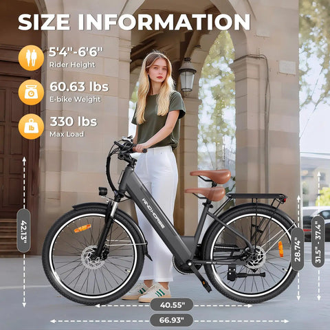 Adult Electric Bike For Daily City Hops, 26 Inch Step-Through Ebike With 350W Brushless Motor, 750W Peak Power, Top Speed Up To 20 MPH, 30-50 Mile Range, Removable Waterproof Battery, Smooth And Easy Ride, side view with rider height and dimensions