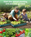 A family gardening with No Fuss All In One Indoor Seed Starter Kit With Color Changing Grow Lights For Seed Germination, 120 Cell Trays, 96 LED Lights, Three Timing Settings, Easy Peasy Plant Growing Kit For Gardeners, Killer Gift For Plant Lovers, surrounded by fresh vegetables in a garden.