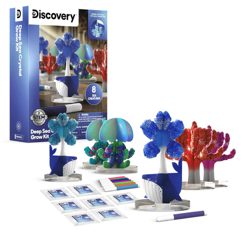 Deep Sea Crystal Grow Kit for Kids - 32-Piece STEM Chemistry Lab to Grow Colorful Crystals on 8 Sea Creatures with box and materials