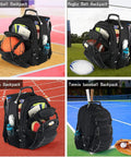 Collage of backpacks, each labeled with a sport: Basketball, Rugby, Shoes, Tennis, highlighting versatility of heavy-duty travel bags.