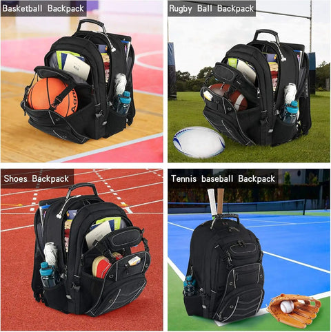 Collage of backpacks, each labeled with a sport: Basketball, Rugby, Shoes, Tennis, highlighting versatility of heavy-duty travel bags.